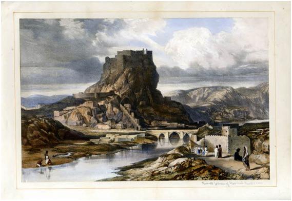 Mehmûdîyan Mirliğinin merkezi ve şairlerin destek bulduğu Hoşap Kalesi. Robert H. Clives; “Sketches Between the Persian Gulf&Bleck Sea”, London 1852.jpg