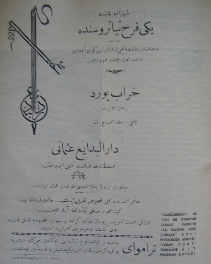 Dârülbedâyi’de oynanan “Harap Yurt” adlı piyesin program kapağı (1921).jpg