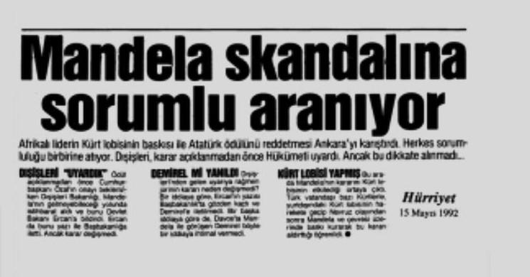 Mandela skandalının sorumlusu esasında dönemin Türk diplomasisiydi, Hürriyet 15 Mayıs 1992.jpg