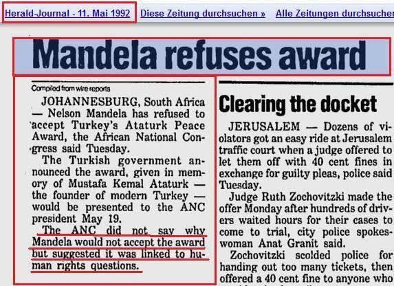 Mandela’nın Atatürk Barış Ödülünü reddettiğine dair gazete haberi, Herald Journal 11 May 1992.jpg