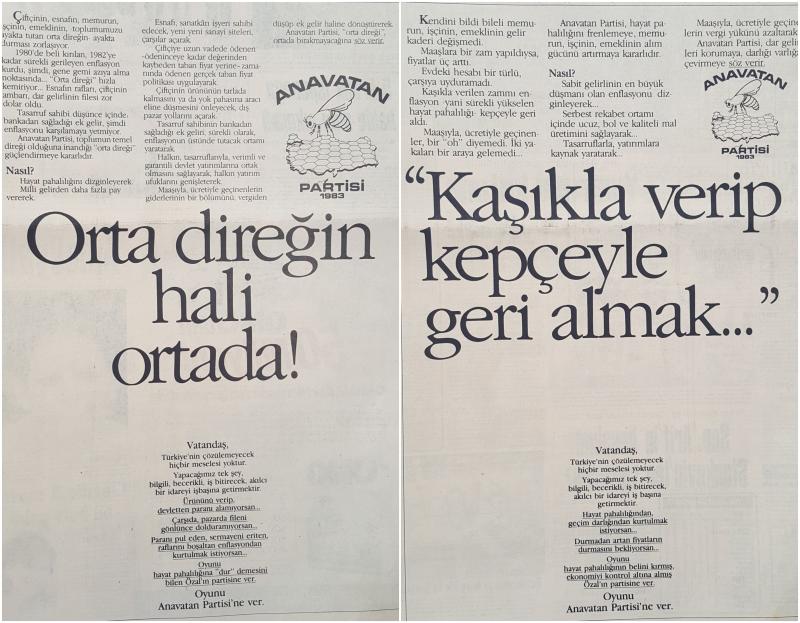 6 Kasım 1983 seçimlerine gidilirken… ANAP’ın Hürriyet gazetesinde yayımlanan seçim ilanları / Görseller: Atatürk Kitaplığı, Hürriyet Gazetesi