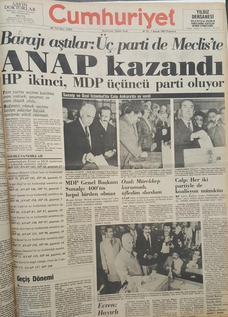 7 Kasım 1983 tarihinde gazeteler Özal’ı yazıyordu / Görsel: Cumhuriyet Gazetesi