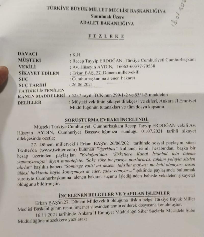 TİP Genel Başkanı Erkan Baş hakkında fezleke