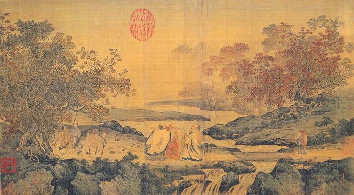 Kaplan Akarsuyu'nda üç gülüş. Çin'de Taoculuk, Konfüçyüsçülük ve  Budizmi temsil eden üç adamın gülmesinin tasviri.  Kaynak-Wikiwand, Huxisanxia.jpg