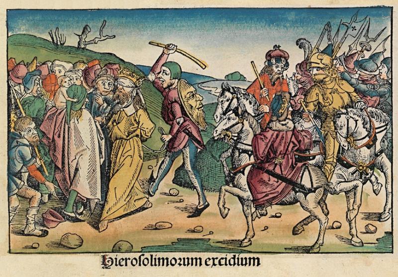 Babil Kralı Nebukadnezar'ın Yahudileri Kudüs'ten kovarken betimlemesi. Kaynak, Nuremberg tarihçesi.jpg