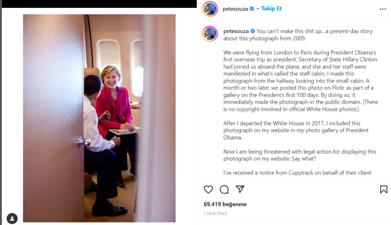Pete Souza, Obama ve Clinton'ın fotoğrafını Flicker'a koymasıyla görselin genel kullanıma açıldığını belirtti (Instagram / Pete Souza)