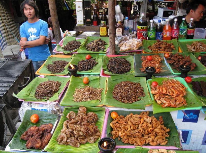 Birleşmiş Milletler Gıda ve Tarım Örgütü (FAO) tarafından sağlanan 20 Şubat 2008 tarihli bu fotoğraf, Tayland'ın Chiang Mai kentindeki bir pazarda satılan böcekleri gösteriyor.Arnold Van Huis AP.jpg