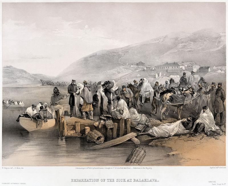 Kırım Savaşı sırasında Balıklava'da bulunan limandan tekneye bindirilen hastaları gösteren renkli resim.jpg