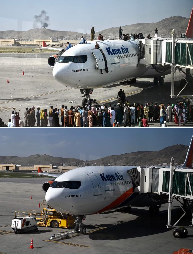 Üstteki fotoğrafta geçen yıl 16 Ağustos'ta Kabil'deki havalimanında beklerken bir uçağın üzerine tırmanan Afgan halkı görülürken bu yıl 1 Ağustos'ta havalimanının aynı bölgesinde alttaki fotoğraf çekildi (AFP)