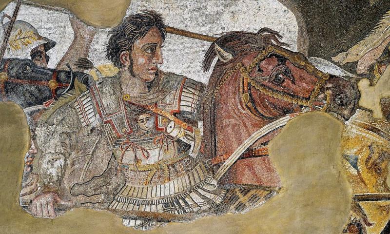 Büyük İskender'i atının üzerinde gösteren bir mozaik (Tarih Müzesi).jpg