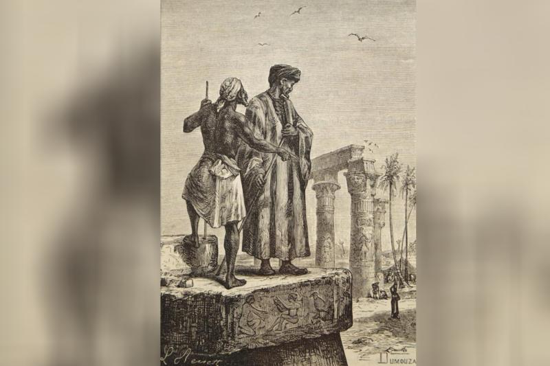 Paul Dumouza tarafından 19. yüzyılın ortalarında çizilen Faslı gezgin İbn-i Batuta'yı rehberiyle birlikte Mısır'da resmeden bir eser (Sosyal medya).jpg
