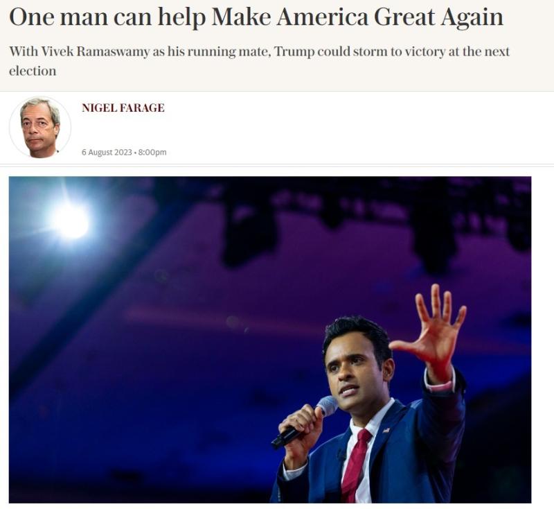 Nigel Farage'nin Telegraph'ta yer alan ve ABD başkanlığı yarışına katılan Ramaswamy'yi öven yazısının ekran görüntüsü Telegraph.jpeg