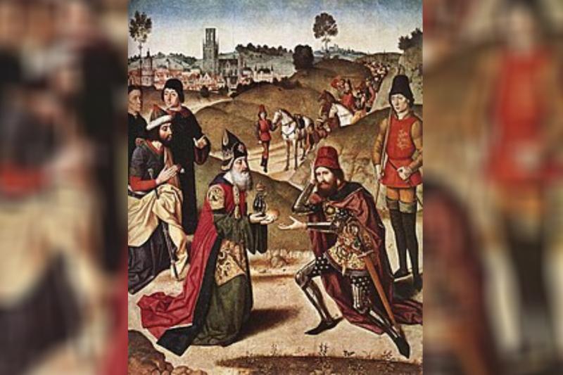 Hz. İbrahim ile eski Kudüs Kralı Melchizedek'in buluşma tasviri, Dieric Bouts yağlı boya tablosu 1464-67. .jpg
