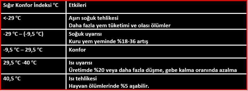 Tablo 3. Sığır konfor indeksi