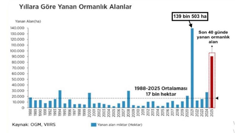 Şekil 3. Türkiye’de yıllara göre yanan ormanlık alan