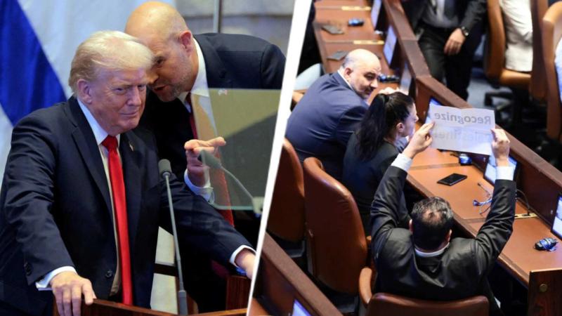 ABD Başkanı Donald Trump, Knesset'te yaptığı konuşma sırasında sol görüşlü İsrailli milletvekilinin sözünü kesmesi üzerine konuşmasına ara verdi / Fotoğraf: Reuters
