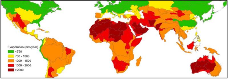 Şekil 4. Dünya çapında 185 havzada varsayımsal temsili baraj rezervuarlarından (ortalama derinliği 30 m) modellenmiş yıllık buharlaşma oranları