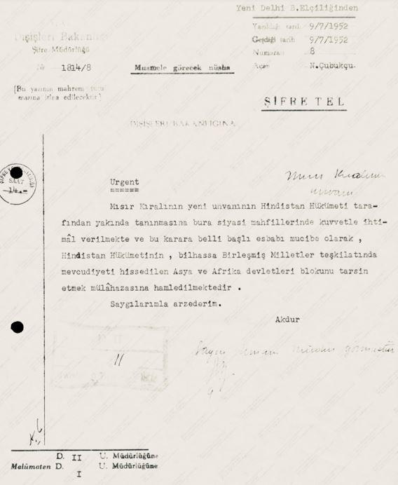 Kral Faruk'un Hindistan ve bazı Afrika ülkelerince resmen tanındığına dair belge, 1952