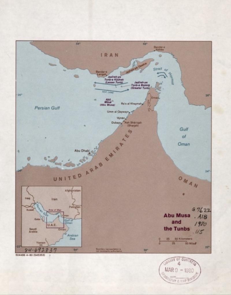 Abu Musa ve the Tunbs / Harita: Kongre Kütüphanesi, 9 Mart 1980