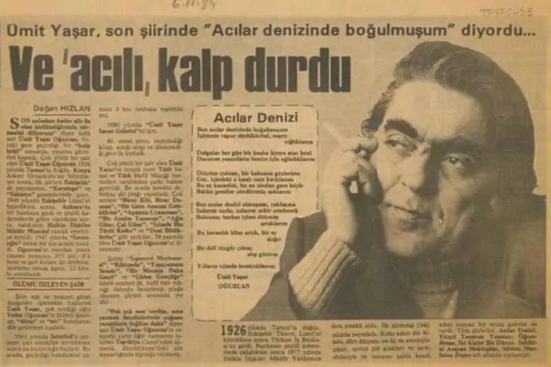 Ümit Yaşar Oğuzcan'ın vefatı üzerine Doğan Hızlan tarafından yazılmış bir gazete kupürü