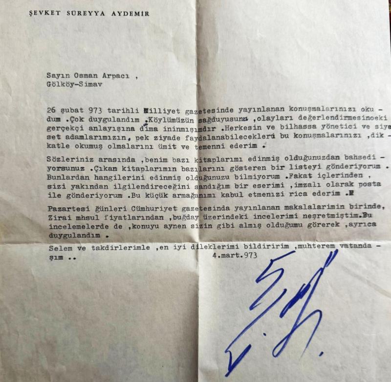 Yazar Şevket Süreyya Aydemir’in, Milliyet’te yayımlanan röportajın ardından Osman Arpacı’ya gönderdiği mektup (4 Mart 1973)