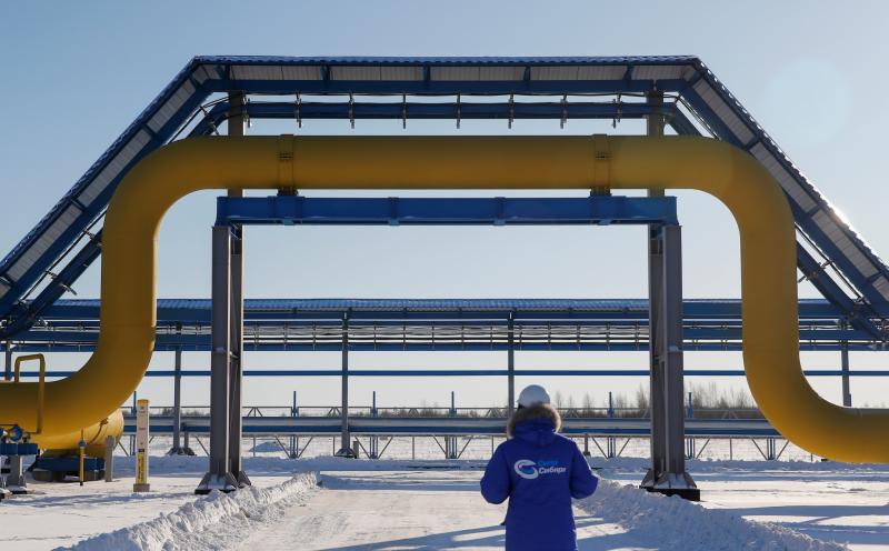 Rusya’nın Amur bölgesindeki Atamanskaya basınç istasyonunda bir çalışan, Gazprom şirketine ait Sibirya’nın Gücü doğalgaz boru hattının bir bölümünün yanından geçiyor, 29 Kasım 2019 / Fotoğraf: Reuters