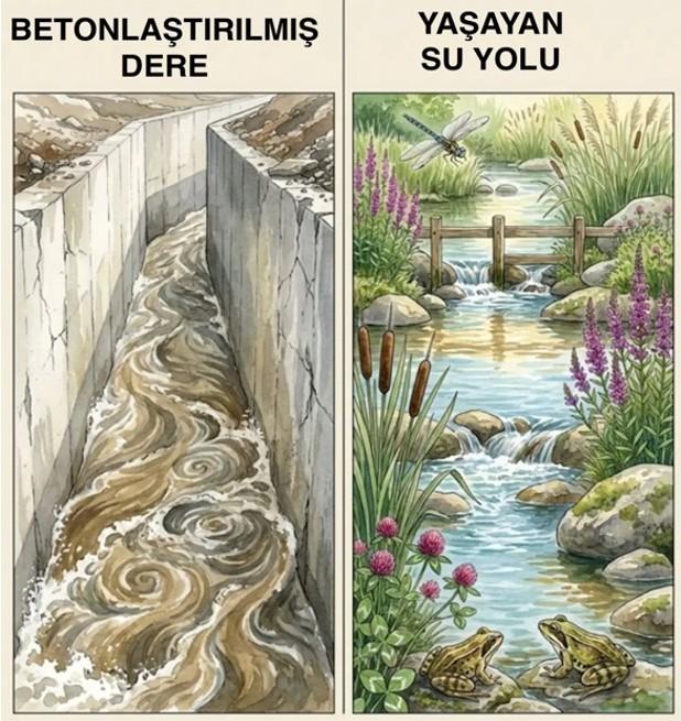 Şekil 2. Biri betonlaştırılmış diğeri doğal dere 