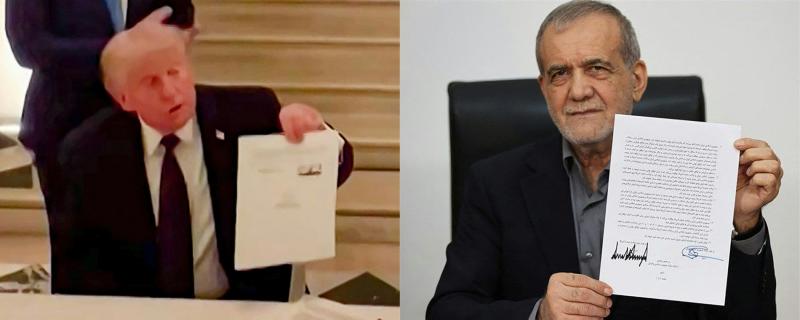ABD Başkanı Donald Trump ve İran Cumhurbaşkanı Mesud Pezeşkiyan Ortadoğu savaşını sona erdiren anlaşmanın imzalanması sırasında, 18 Haziran 2026 / Fotoğraf: AFP