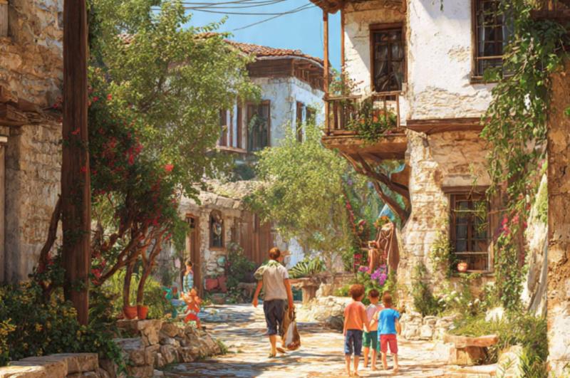 Muğla'nın Saburhane Mahallesi'ndeki geleneksel Muğla bacası içeren tarihi evleri yansıtan bir resim