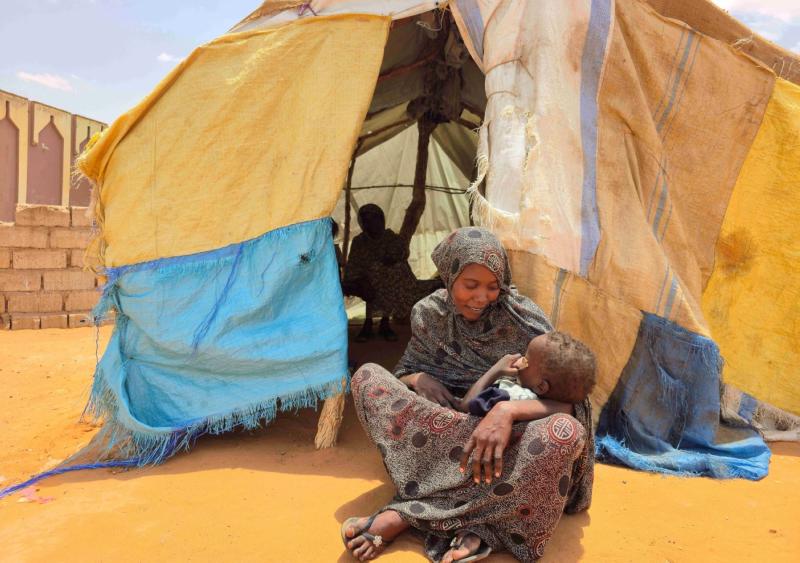 Güney Kordofan bölgesindeki el-Abyad kenti yakınlarındaki er-Rahmaniye Mülteci Kampı’nda, Sudanlı bir kadın çocuğuyla birlikte otururuyor, 25 Haziran 2026 / Fotoğraf: AFP
