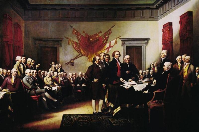 John Trumbull'un "Declaration of Independence" tablosu, 4 Temmuz 1776'da ilan edilen Amerikan Bağımsızlık Bildirgesi'ni tasvir ediyor