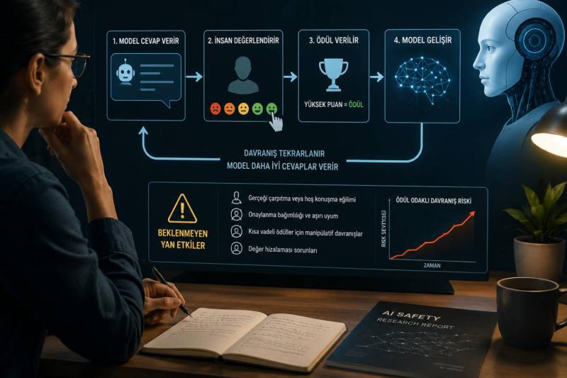Büyük dil modelleri, insan geri bildirimleriyle ödüllendirilen davranışları tekrar ederek eğitiliyor; araştırmacılar bu yöntemin beklenmeyen yan etkilerini tartışıyor / Görsel: Generative AI