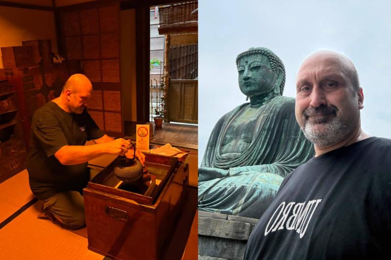 Levent Eraslan, Kamakura'da Zen kültürünü deneyimlerken (solda) ve Büyük Buda'nın önünde (sağda). Eraslan, Japonya'nın mekân, kültür ve toplumsal düzen ilişkisini sosyolojik bir perspektifle ele alıyor