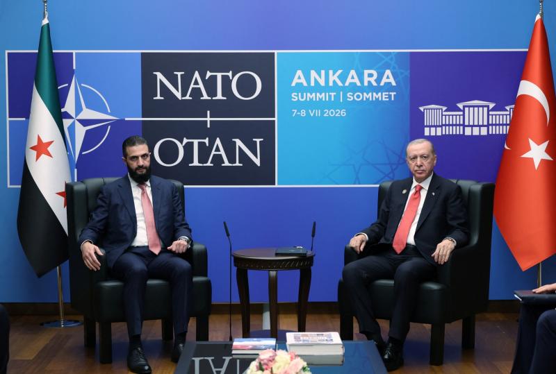 Türkiye Cumhurbaşkanı Recep Tayyip Erdoğan ile Suriye Cumhurbaşkanı Ahmed Şara arasında Ankara'daki Beştepe Cumhurbaşkanlığı Külliyesi'nde NATO zirvesi sırasında yapılan görüşme, 8 Temmuz 2026 / Fotoğraf: Reuters