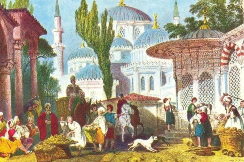 Osmanlı şehir hayatında külliyeler ve tarihi çeşme meydanları, toplumun her kesimini bir araya getiren ve sosyal yardımlaşmayı besleyen en önemli ortak yaşam alanlarıydı / Resim: Thomas Allom