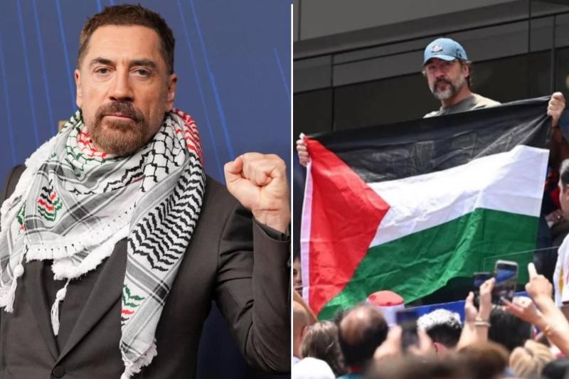 İspanyol oyuncu Javier Bardem, Filistin'e verdiği destek nedeniyle uluslararası kamuoyunda öne çıkan isimlerden biri oldu / Kolaj: Independent Türkçe