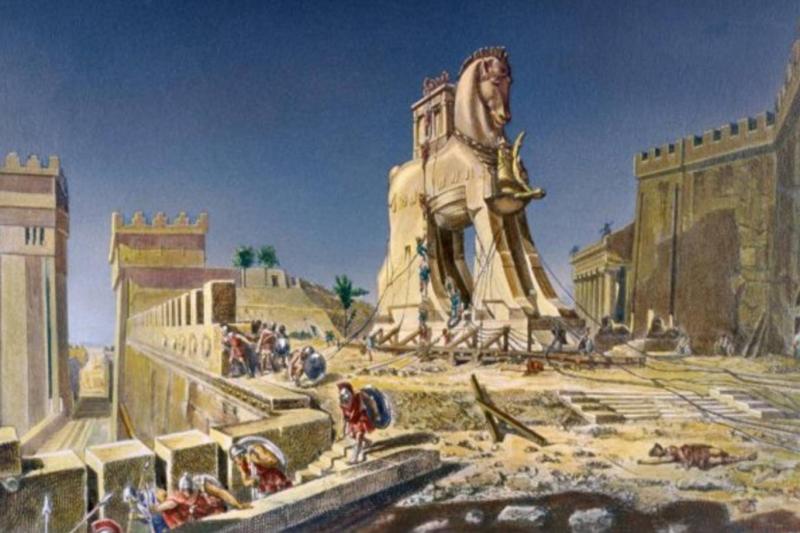 Truva Atı, yalnızca askerî bir hile değil; tarih boyunca algı yönetimi ve bilişsel savaşın en güçlü sembollerinden biri olarak da okunabilir / Resim: Le Cheval de Troie (Truva Atı), Henri Motte, 1874