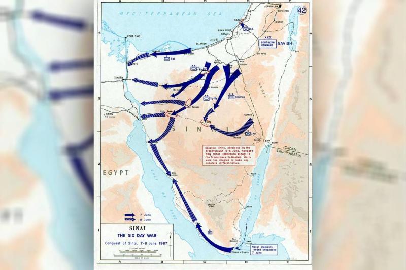 1967 Savaşı'nda İsrail'in Sina Çölü'nü ele geçirmesini gösteren harita / Görsel: Amerika Birleşik Devletleri Askerî Akademisi