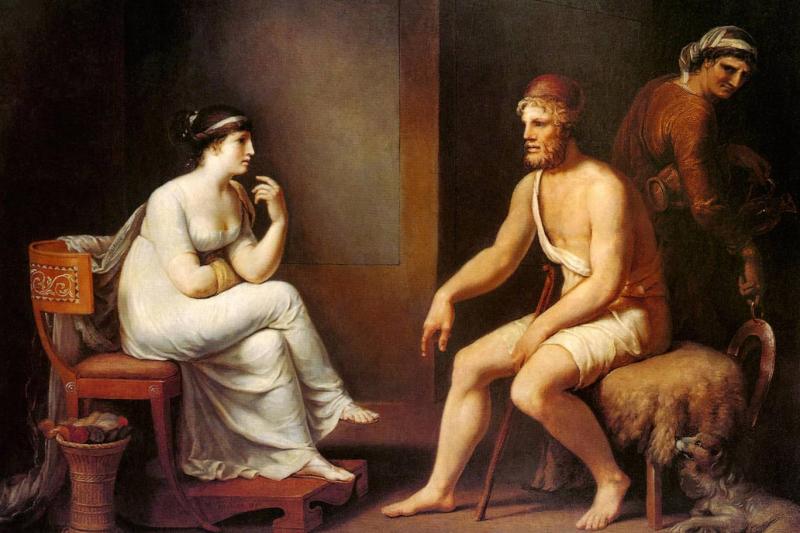 İthaka, yalnızca bir ada değil; insanın vicdanına, ailesine ve kaybettiği ahlaki bütünlüğüne yeniden ulaşmasının simgesidir / Resim: Odysseus ve Penelope, Johann Heinrich Wilhelm Tischbein