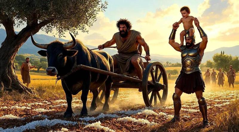 Odysseus, Troya Seferi'ne katılmamak için deli numarası yaparken; Telemakhos'un sabanın önüne bırakılmasıyla oyunu ortaya çıkar