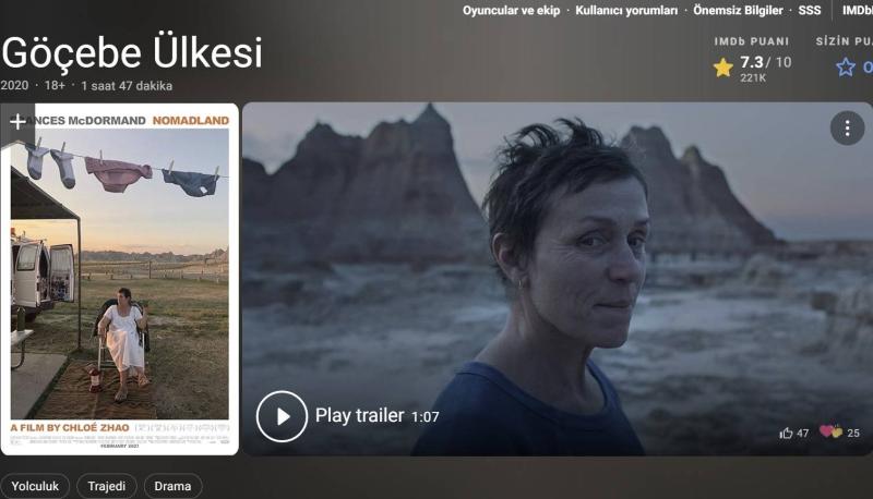 Nomadland, 2021 Oscar’larında En İyi Film, En İyi Yönetmen ve En İyi Kadın Oyuncu ödüllerini kazanarak hikâyesini sinema dünyasının en büyük sahnesine taşıdı