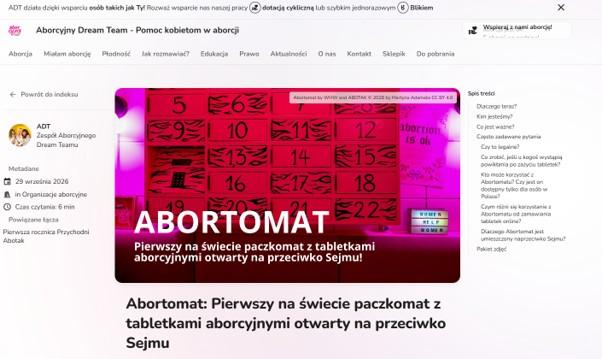 Abortion Dream Team (ADT) örgütünün Abortomat'ın açılışını duyurduğu web sitesi yayını.jpg