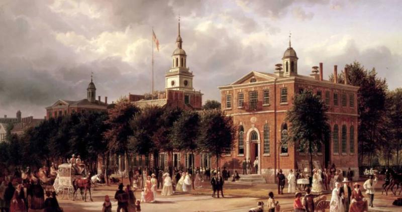 ABD Anayasası'nın hazırlandığı Philadelphia kentindeki Independence Hall ve 18. yüzyıldan bir kesit / Resim: Ferdinand Richardt (1819–1895) / Wikimedia Commons