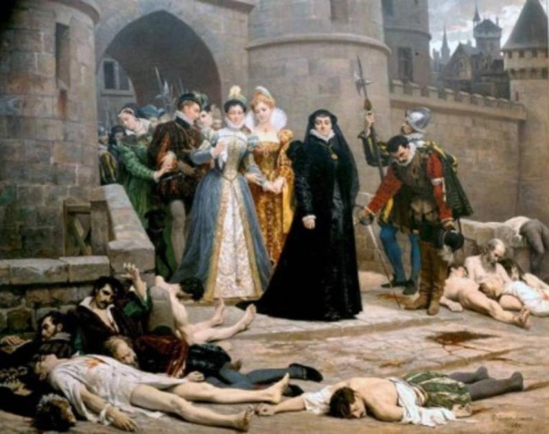 Catherine de Medici katledilen Huguenotları (Fransız Protestanlar) gözlemliyor (Édouard Debat-Ponsan, 1880)