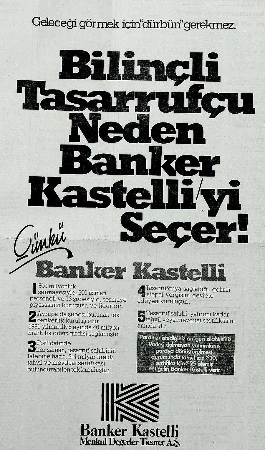 Banker Kastelli’nin o dönem gazetelerde yayımlanan ilanlarından biri / Görsel: Hürriyet Gazetesi